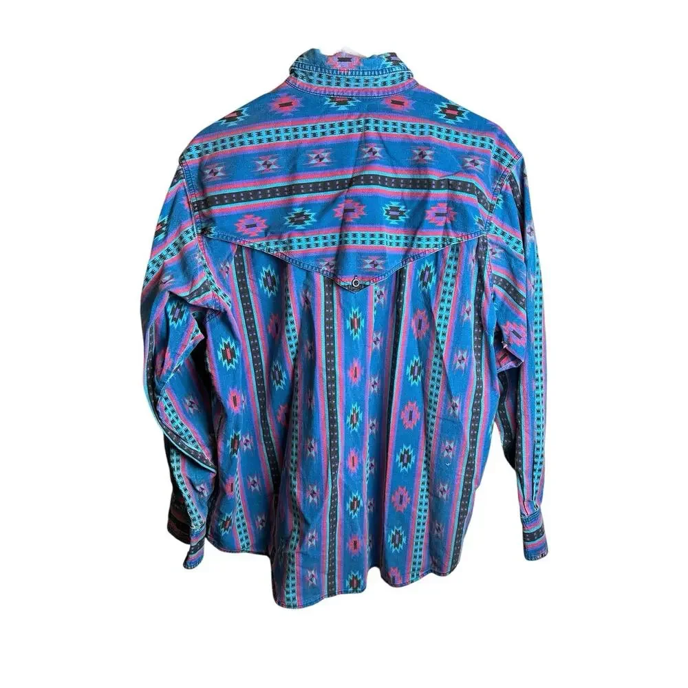 Vintage 90s Distressed Aztec Western Button Up Shirt Cowboy Embroidered XL - Picture 8 of 8